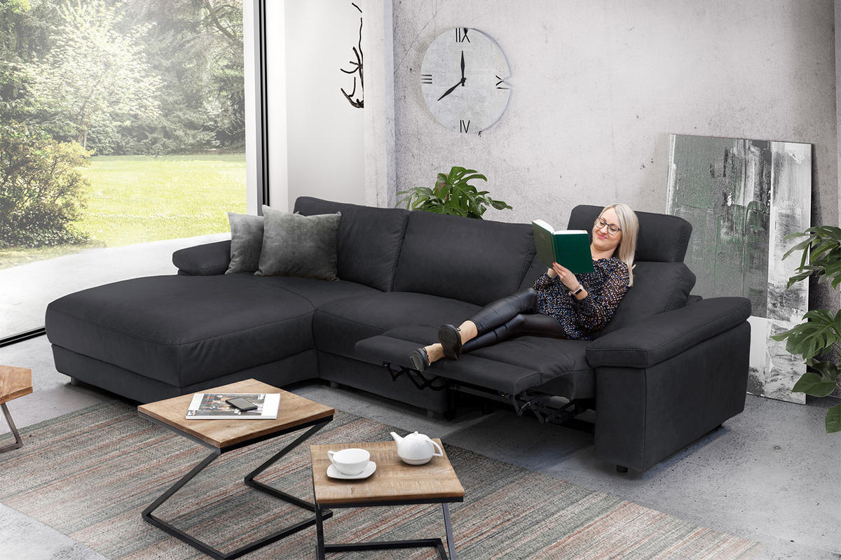 ECKSOFA XL MOTOR. RELAXFUNKTION LOLA Schwarz Webstoff - Schwarz, Textil (304/178cm) - KAWOLA