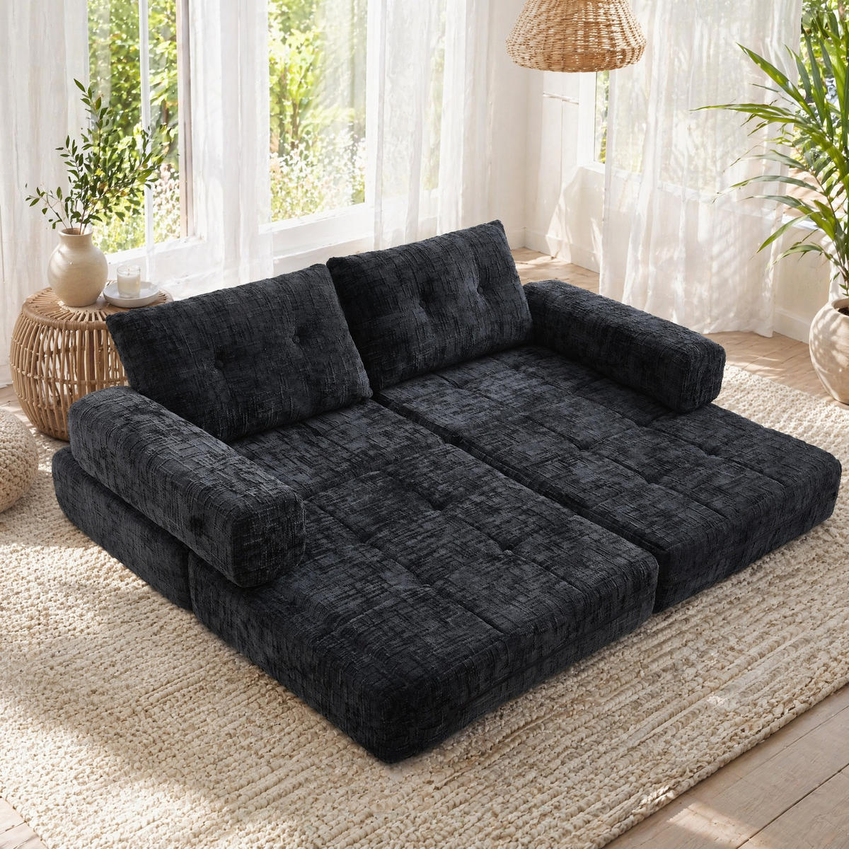 SCHLAFSOFA Schwarz mit Kopf- und Lendenkissen, Chenille - Schwarz, Textil/Metall (79/57/79cm) - CHICFURN