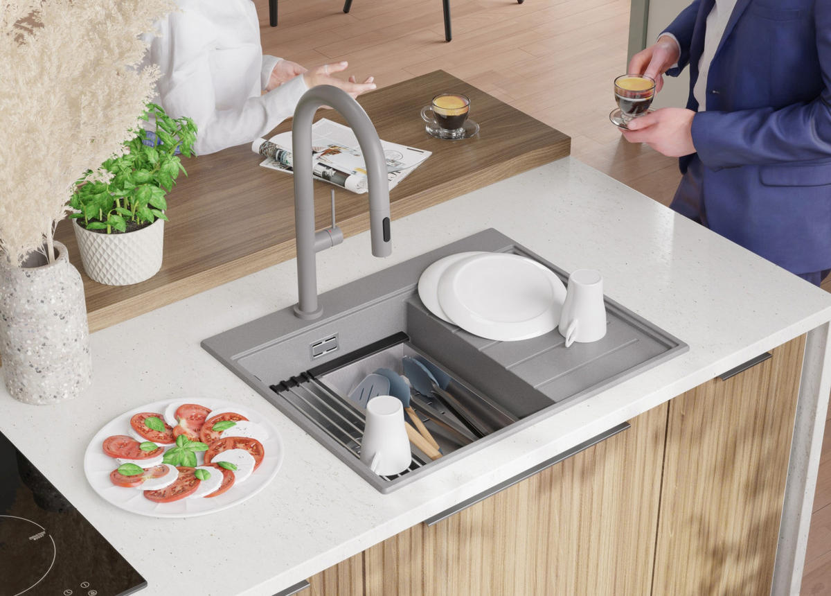 SPÜLBECKEN Sydney, 2-er set Grau 62/50 cm 1 Becken + Ablauf-Set + Küchenzubehörset ab 40er Unterschrank - Chromfarben/Beige, Kunststoff (62/20/50cm) - Primagran