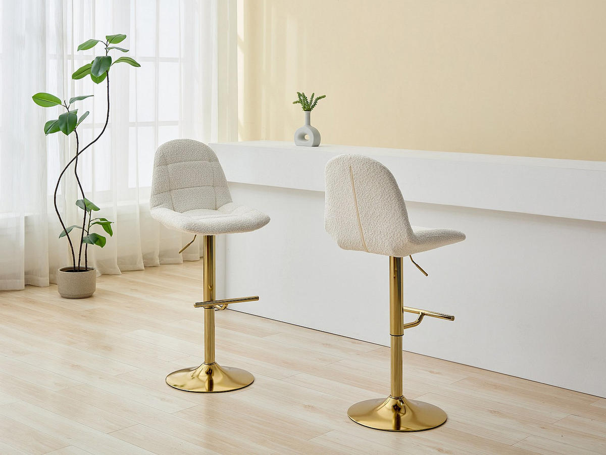 BARHOCKER 2er-Set höhenverstellbar - Bouclé-Stoff & goldfarbenes Metall - Weiß - LOLY - Weiß, Textil (47.5/117/55cm) - Vente-Unique