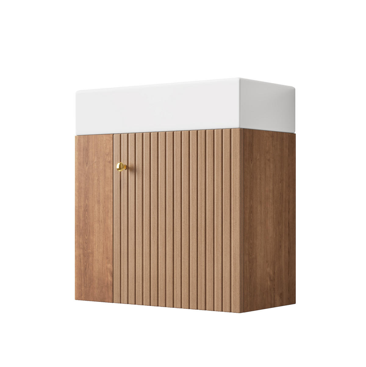 BADEZIMMERSCHRANK 55x31x66.5 cm Braun & Weiß aus Kunststoff mit Keramikbecken & 3D-Paneel - Braun, Holzwerkstoff (55/66.5/31cm) - Modfu