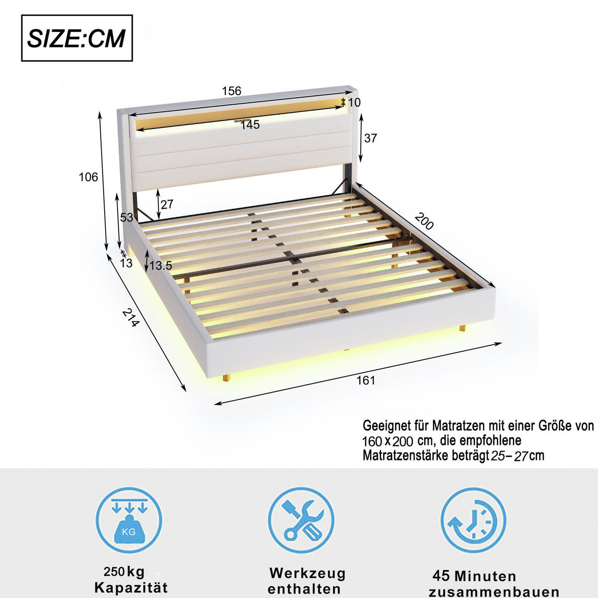 POLSTERBETT 160/200 cm Beige aus Stoff mit LED und USB-Steckdose - Beige, Textil (160/200cm) - OKMYHOME