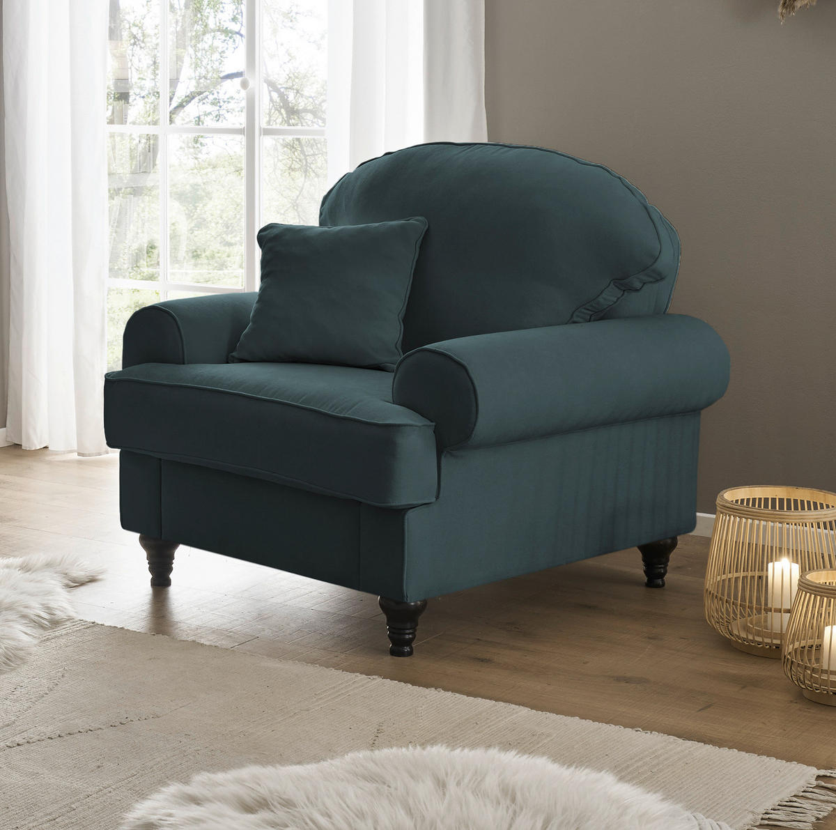 SESSEL blaugrün Landhaus, Loungesessel 110 cm - Dunkelgrün/Braun, Holz/Textil (110/95/100cm) - Furn.Design
