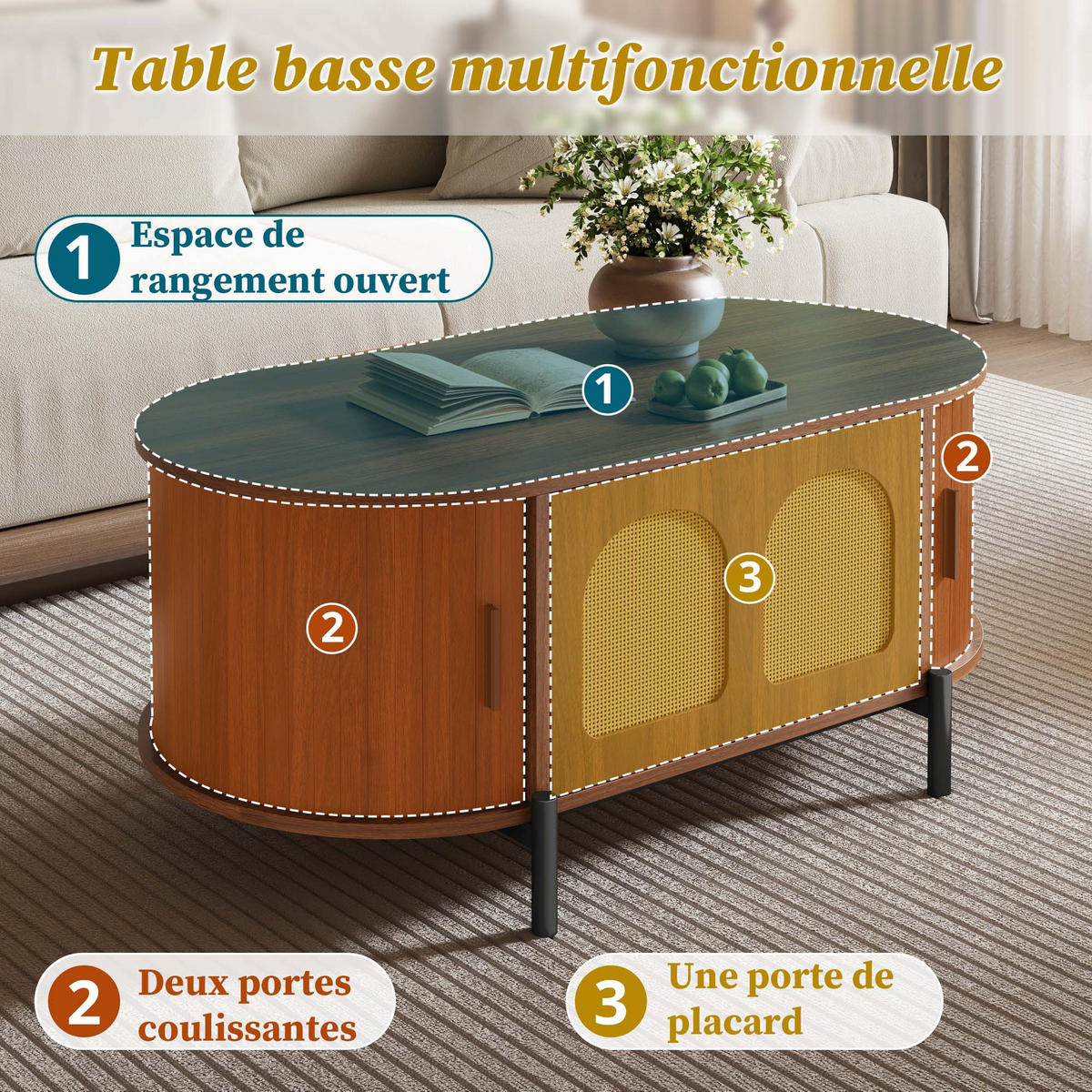 COUCHTISCH Nussbaum 100/50/40 cm oval mit Rattandetails - Walnussfarben, Holzwerkstoff (50/100/40cm) - PANGIVO