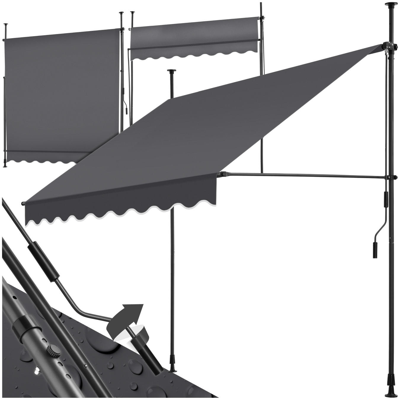 KLEMMMARKISE ,einfache Montage,schwarz/grau - Schwarz/Grau, Kunststoff (200/304/180cm) - tectake