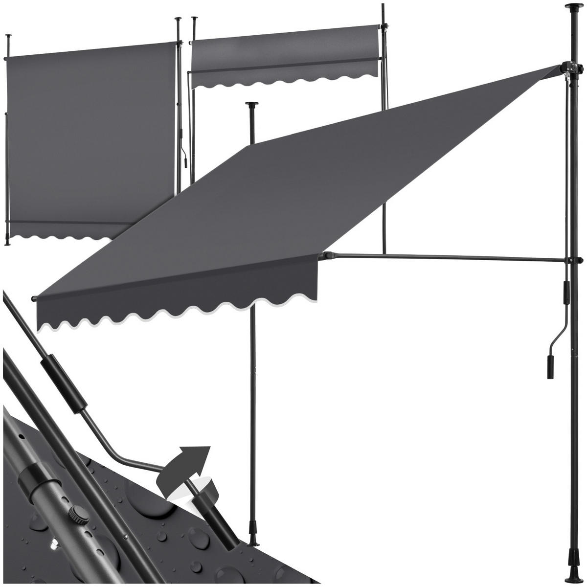 KLEMMMARKISE ,einfache Montage,schwarz/grau - Schwarz/Grau, Kunststoff (200/304/180cm) - tectake