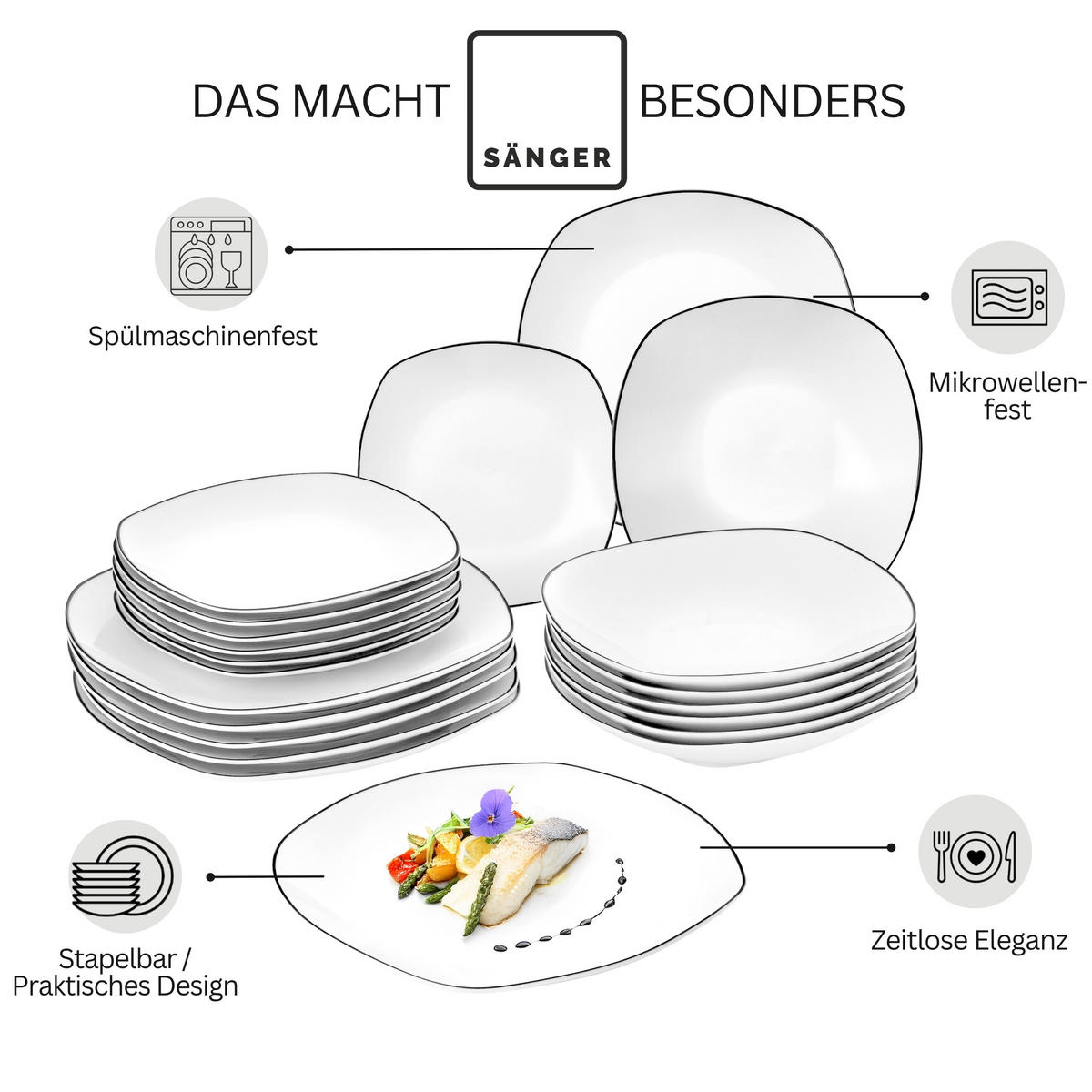 GESCHIRRSET,PORZELLAN Kombiservice Bilgola Black Rim 24 teilig für 6 Personen - Schwarz/Weiß, Keramik (50/30/80cm) - Sänger