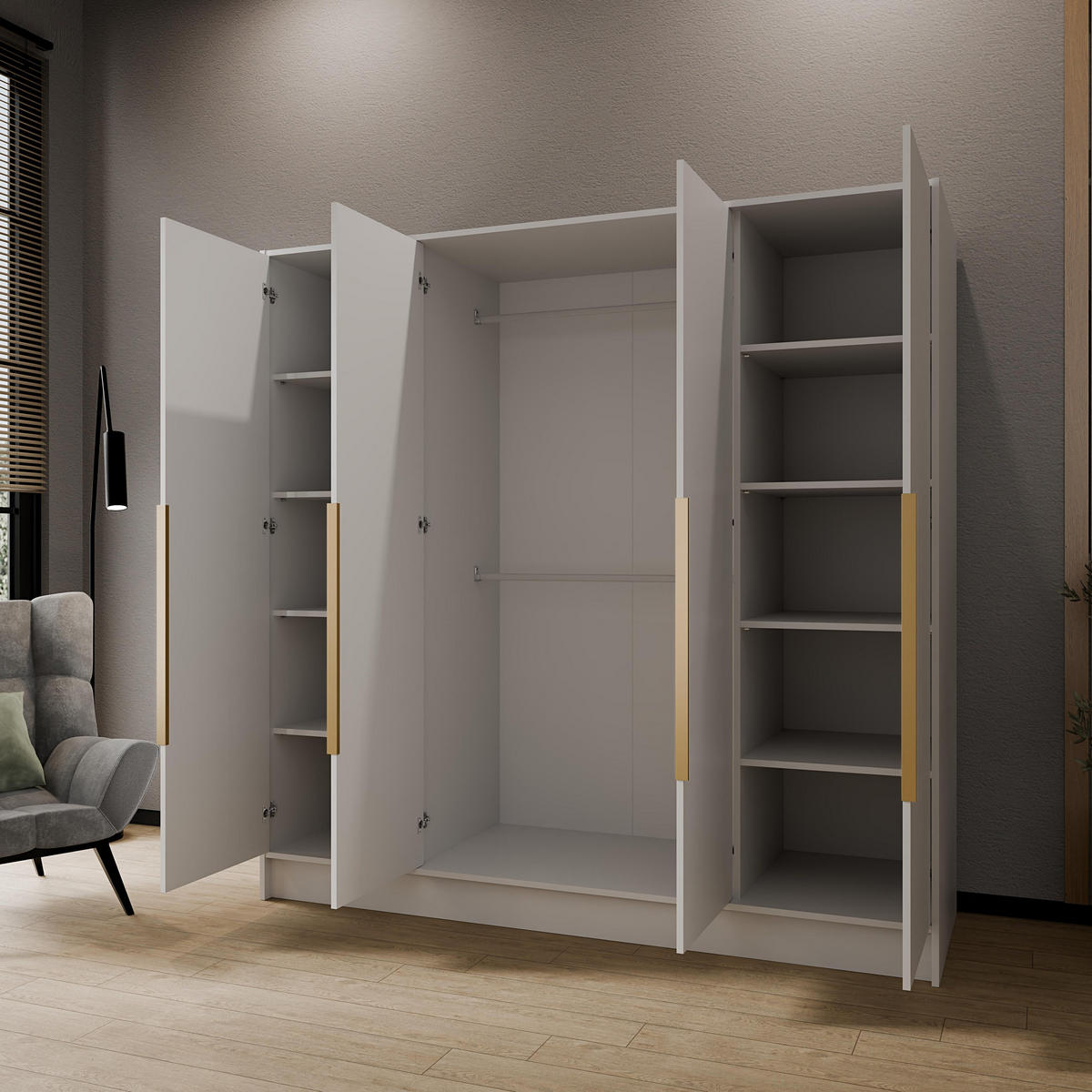 DREHTÜRENSCHRANK RENVO 200/200/51 cm Modern Kleiderschrank 4-türig mit Spiegel Weiß - Weiß, Holzwerkstoff (200/200/51cm) - MASSENO