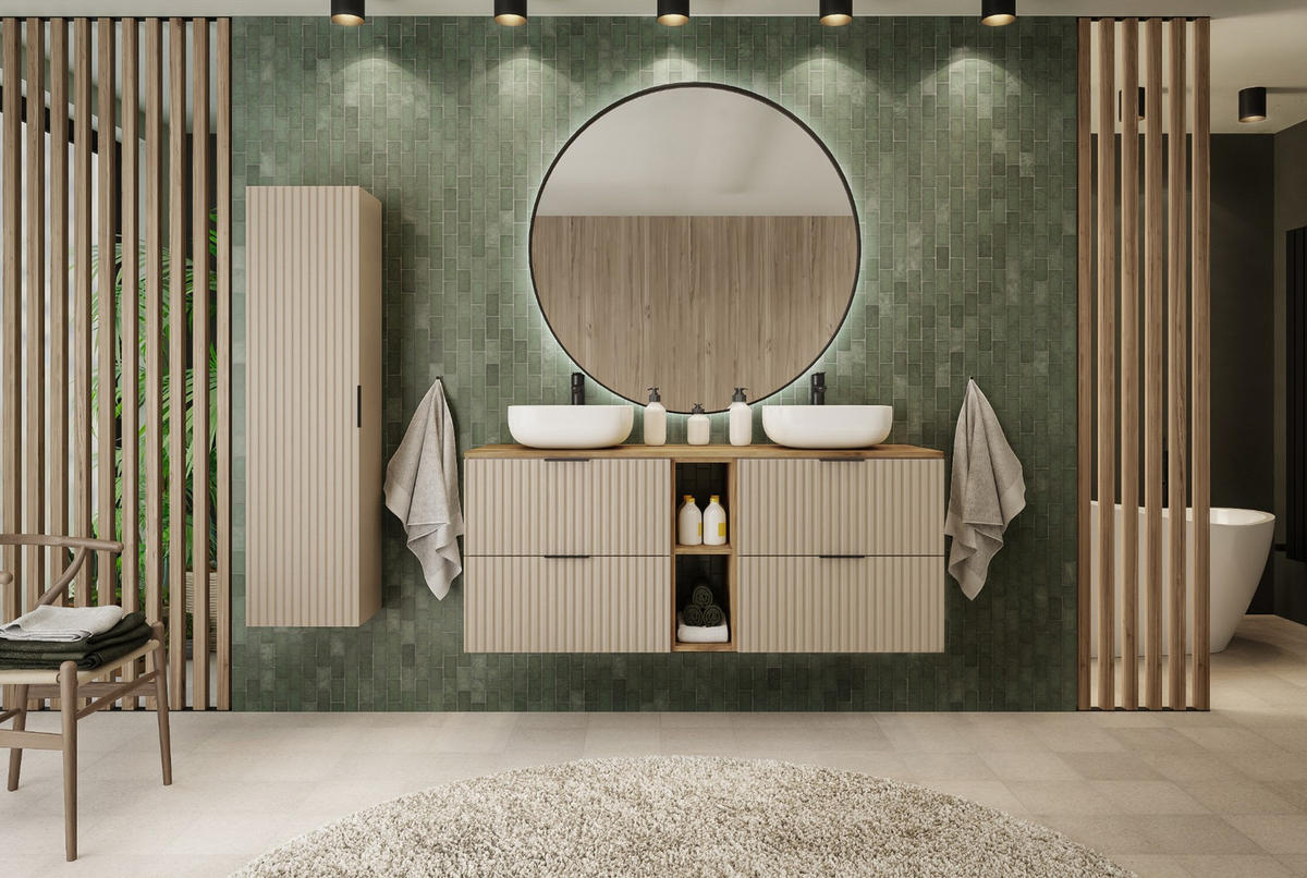 WASCHBECKUNTERSCHRANK FLOW mit Regal + Platte Eiche Craft 80/57/46 cm - Eichefarben, Holzwerkstoff (80/57/46cm) - Rodan