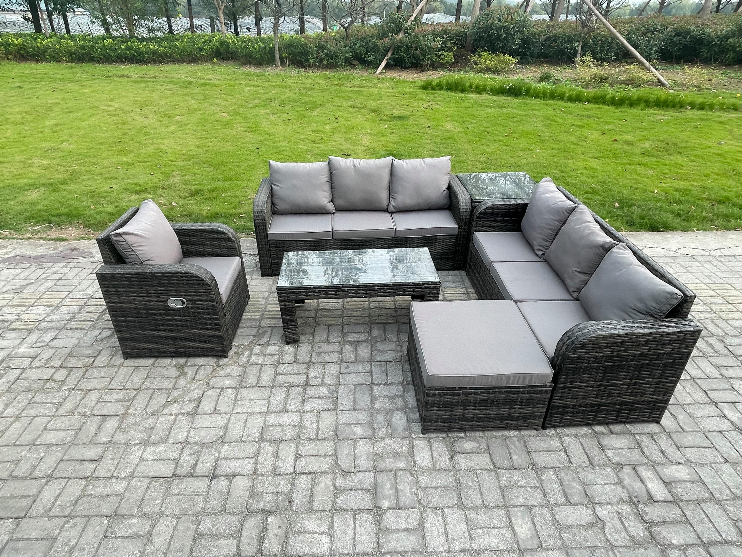 GARTENSOFA SET mit rechteckigem COUCHTISCH Polyrattan 8-Sitzer Dunkelgrau - Dunkelgrau/Grau, Glas/Kunststoff - Fimous