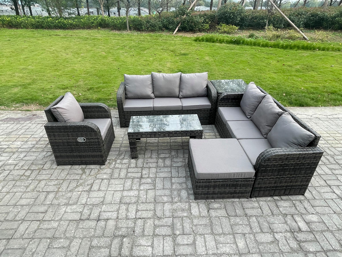 GARTENSOFA SET mit rechteckigem COUCHTISCH Polyrattan 8-Sitzer Dunkelgrau - Dunkelgrau/Grau, Glas/Kunststoff - Fimous