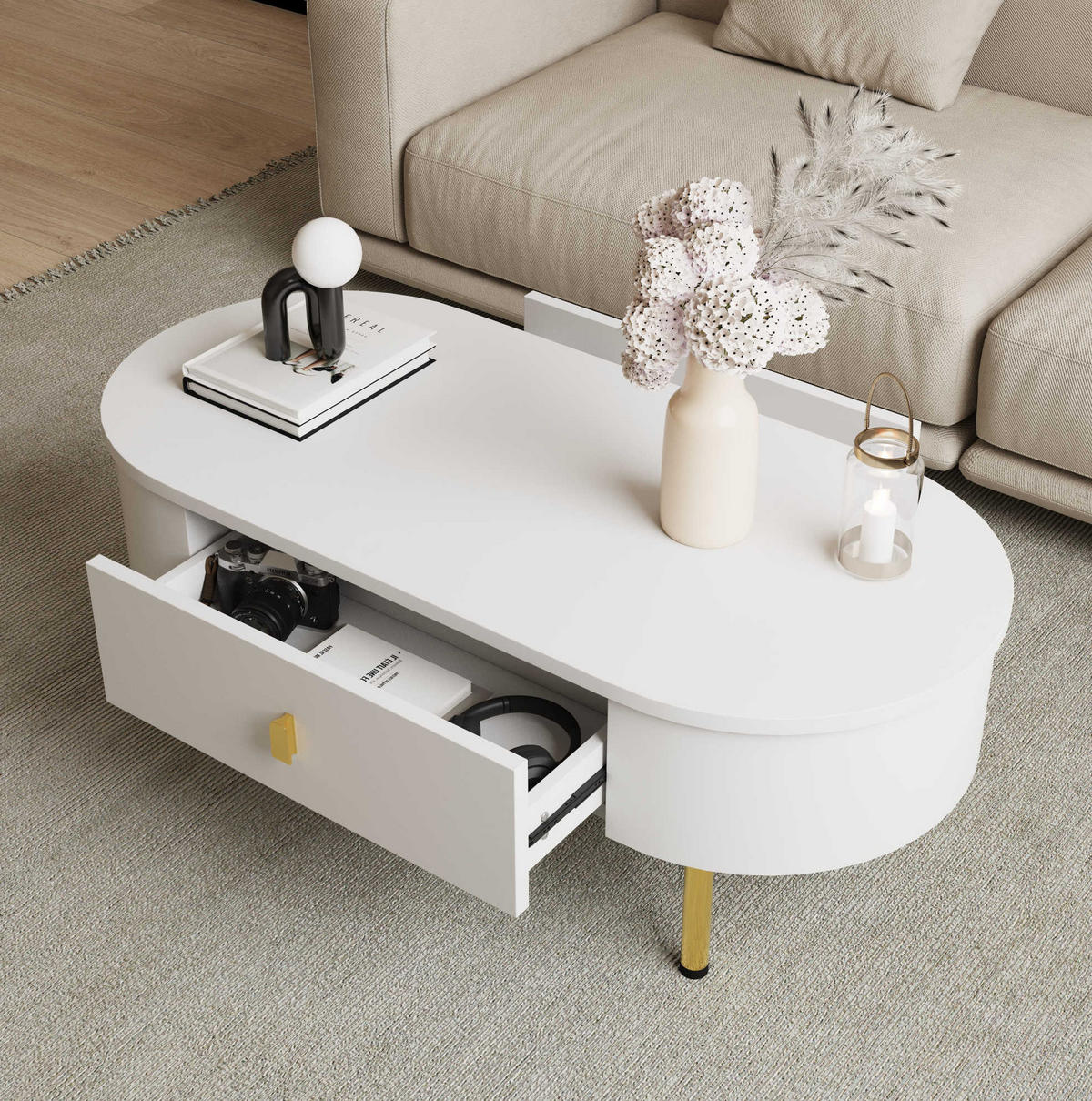 COUCHTISCH 108/50/40 cm weiß aus MDF mit zwei Schubladen und goldenen Details - Weiß, Holzwerkstoff (108/50/40cm) - OKMYHOME