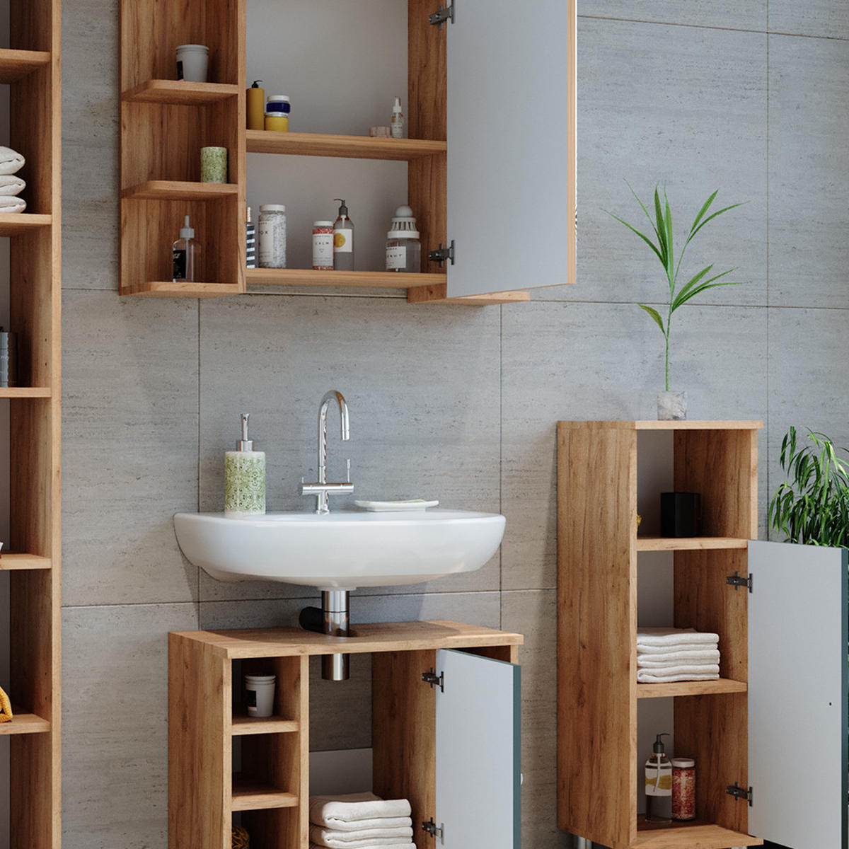 SADA NÁBYTKU DO KOUPELNY Fynn Zelená 3 díly, se střední jednotkou - zelená barva, kompozitní dřevo (60/54/32cm) - Vicco