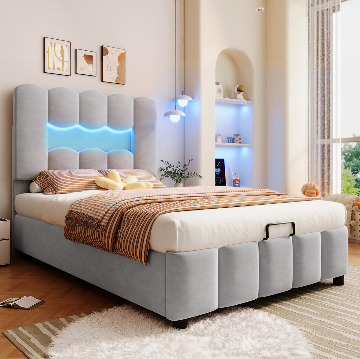 POLSTERBETT mit Stauraum und LED 90x200 cm Samt Grau - Grau, Metall (90/200cm) - Meubliv