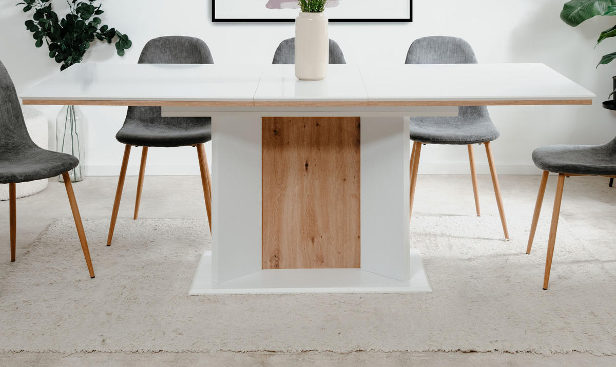 ESSTISCH weiß, Eiche Artisan, Säulentisch ausziehbar 160 - 200 x 90 cm - Weiß/Eiche Artisan, Holzwerkstoff (160/90/76cm) - Furn.Design