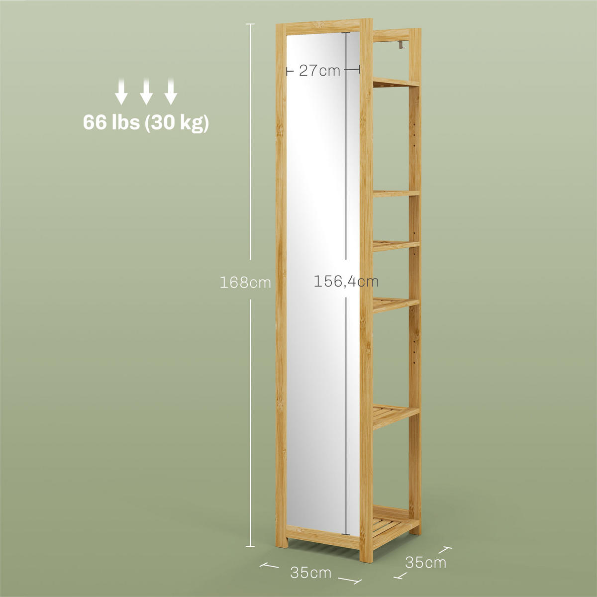 BADREGAL DE-17918 6 Ablagen mit Spiegel Natur - Naturfarben, Naturmaterialien (35/168/35cm) - ComfortXL