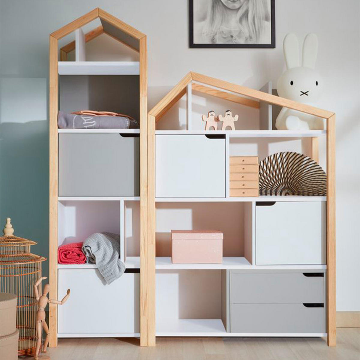 KNIHOVNA Šedá a bílá - bílá, kompozitní dřevo (46/160/37cm) - Petits-meubles