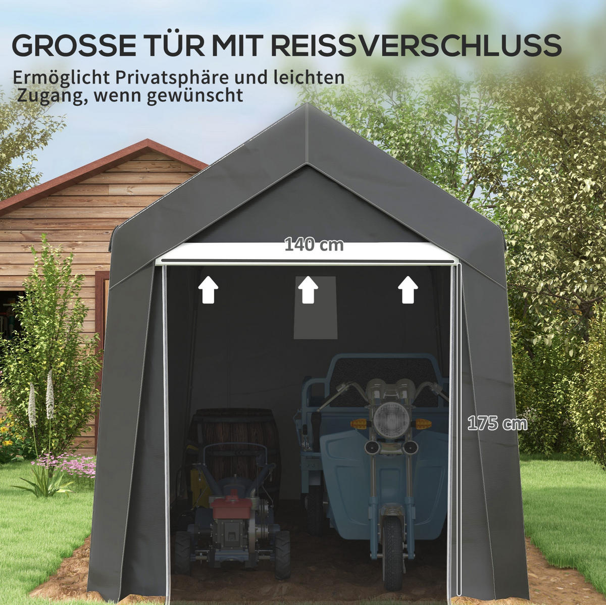 KLEINGARAGE aus Stahl 210x360x235 cm in Dunkelgrau mit Reißverschlusstür - Dunkelgrau, Metall (210/235/360cm) - Modfu