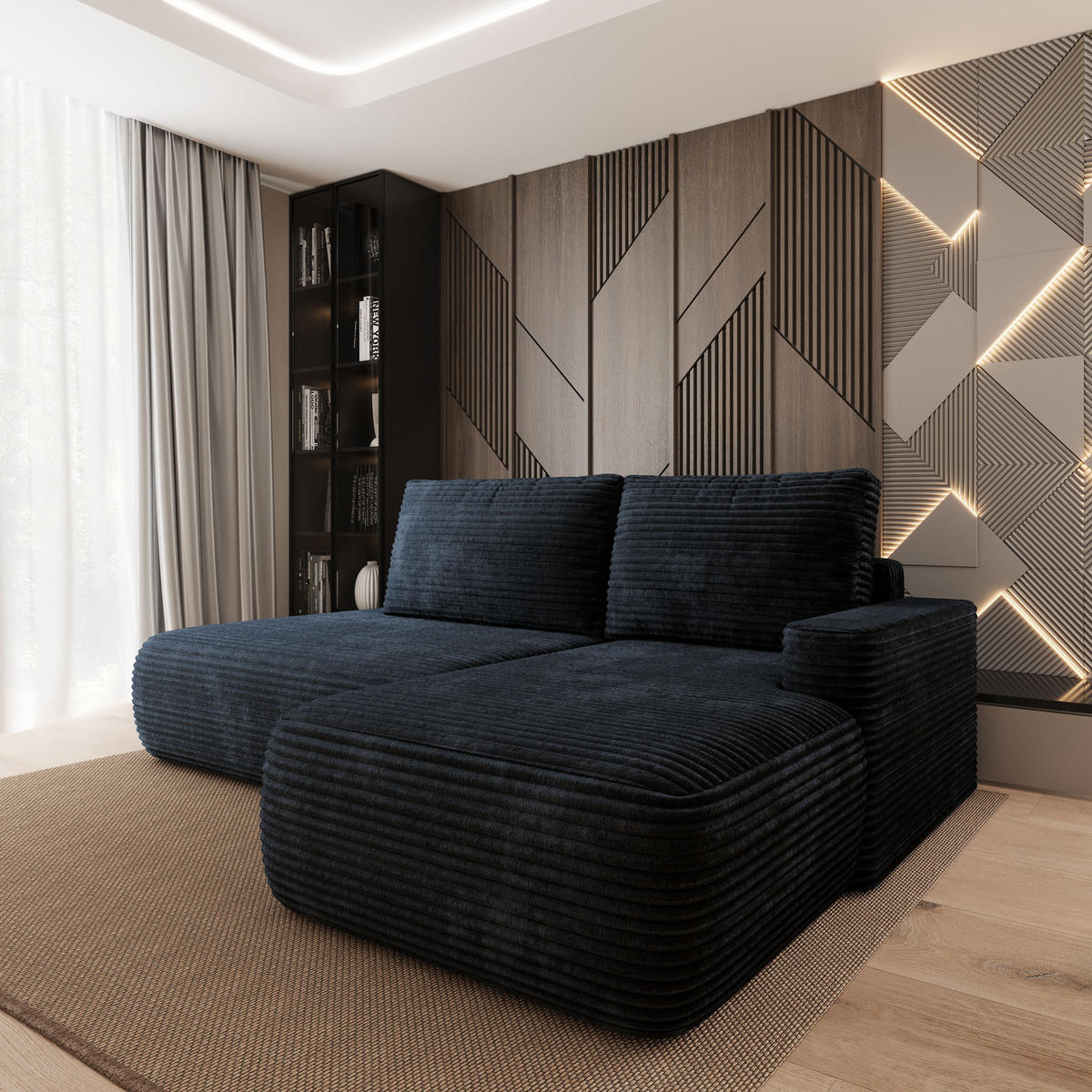 ECKSOFA AVINI T R-S Schwarz Kordstoff mit Schlaffunktion - Schwarz, Holzwerkstoff/Textil (277/160cm) - MASSENO