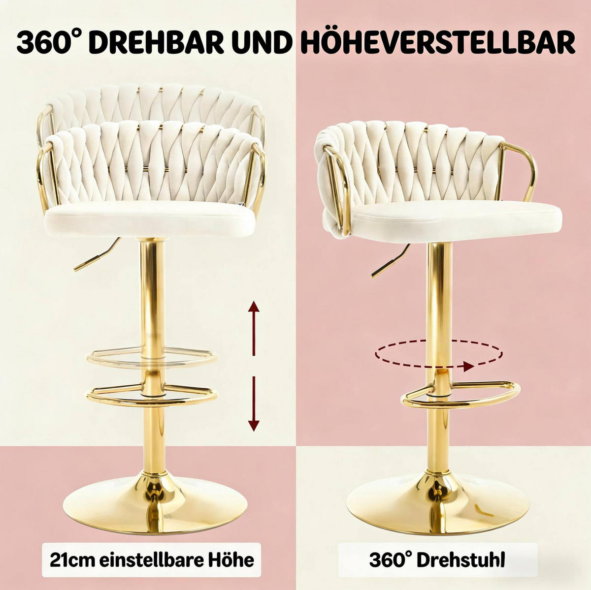 BARHOCKER drehbar höhenverstellbar Samt Cremeweiß - Weiß, Metall (49.5/98/50.5cm) - Meubliv