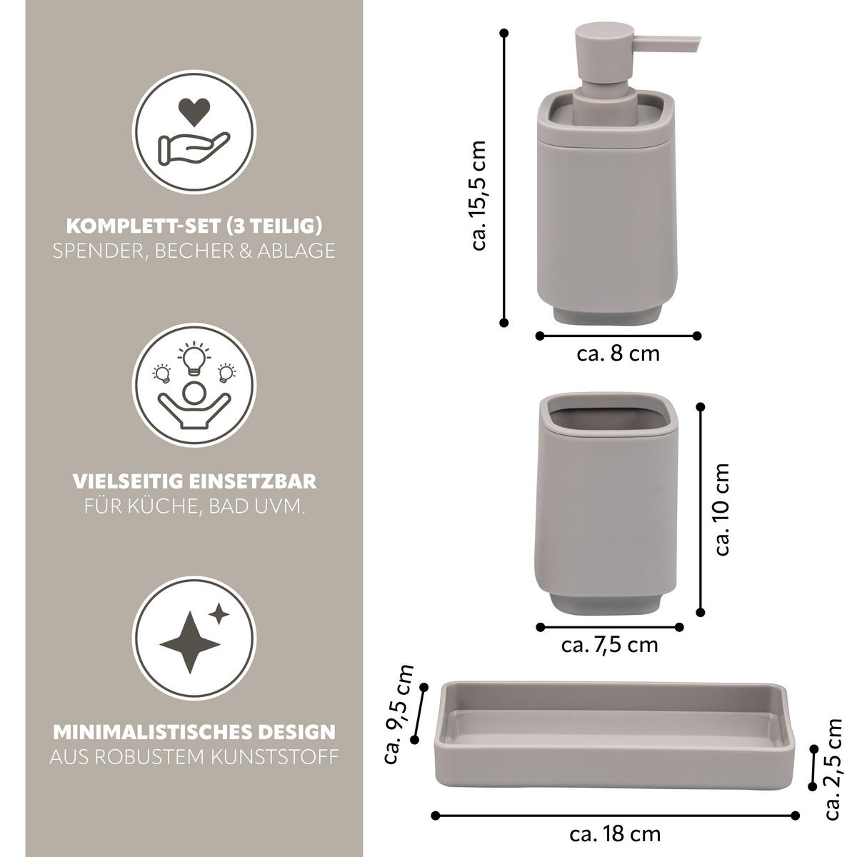 BAD-ACCESSOIRES-SET VALONA, Soft-Touch, taupe - Taupe, Kunststoff (18/2.5/9.5cm) - eluno