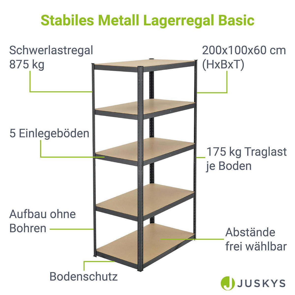 LAGERREGAL Basic grau 200x100x60 cm - Grau, Metall (100/200/60cm) - Juskys