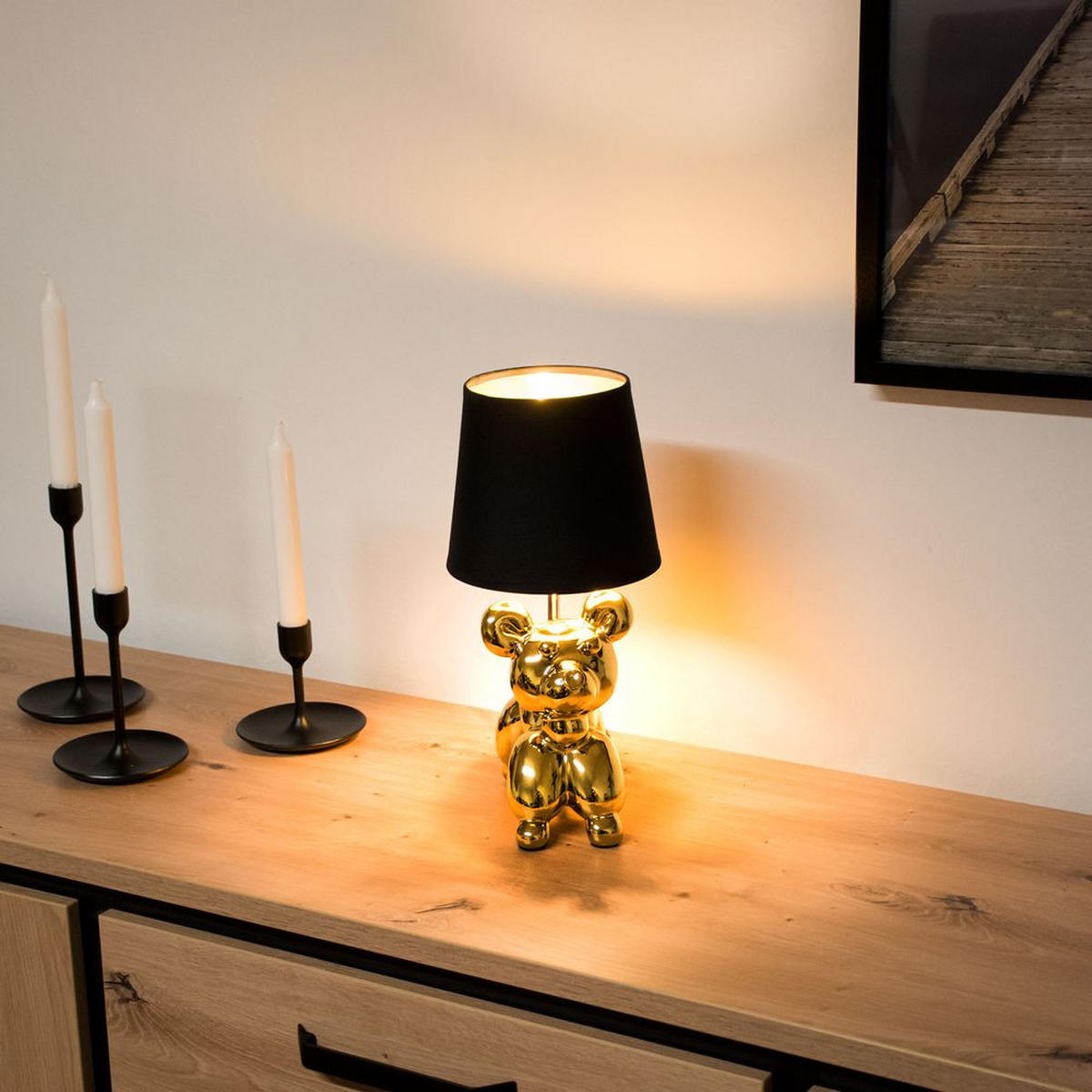 TISCHLEUCHTE BELLO Keramik Gold Schwarz - Goldfarben, Textil (16/17/33cm)