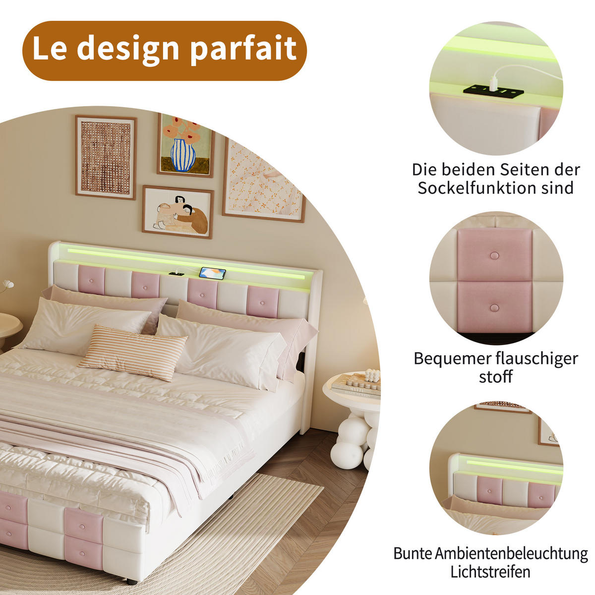 POLSTERBETT 140x200 cm Weiß Rosa Samt LED USB 4 Schubladen - Weiß, Holz (140/200cm) - SHOPENTRA
