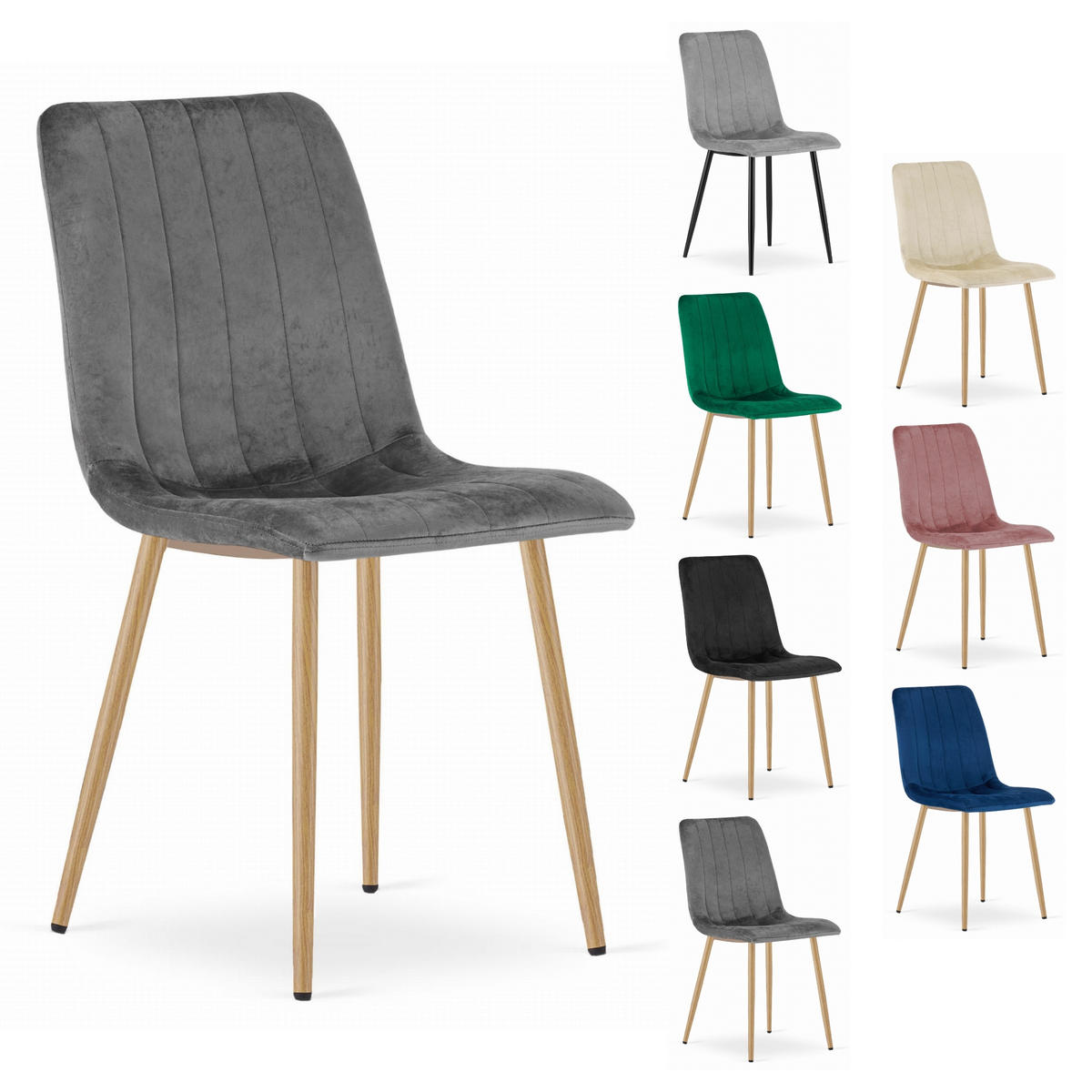 STUHL ORSARA 1 Stück, Grau, Metallbeine in Holzfarbe, mit Samtstoff gepolstert - Anthrazit, Textil/Metall (43/90/51cm) - Komodee