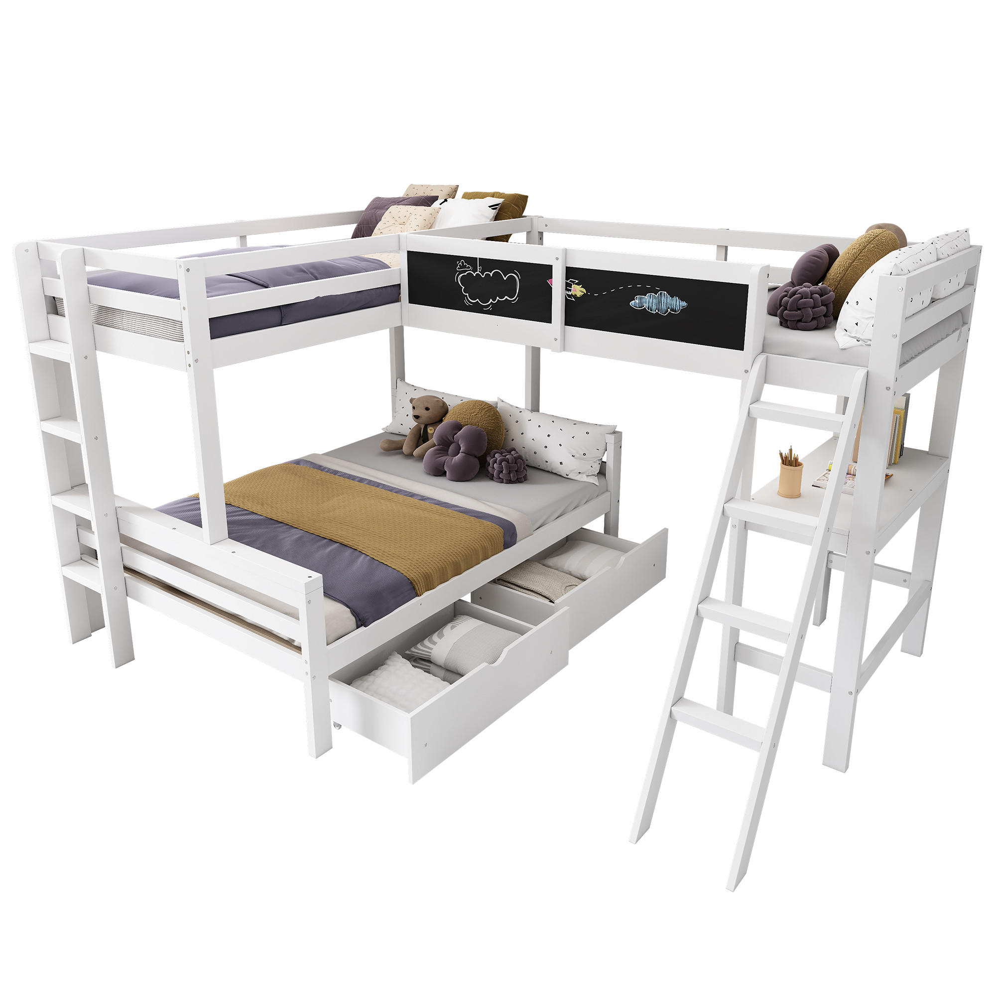 STILVORA HOCHBETT 140/200 cm & 90/200 cm in Weiß & Eichefarben Kinderbett mit Schubladen und Schreibtisch
