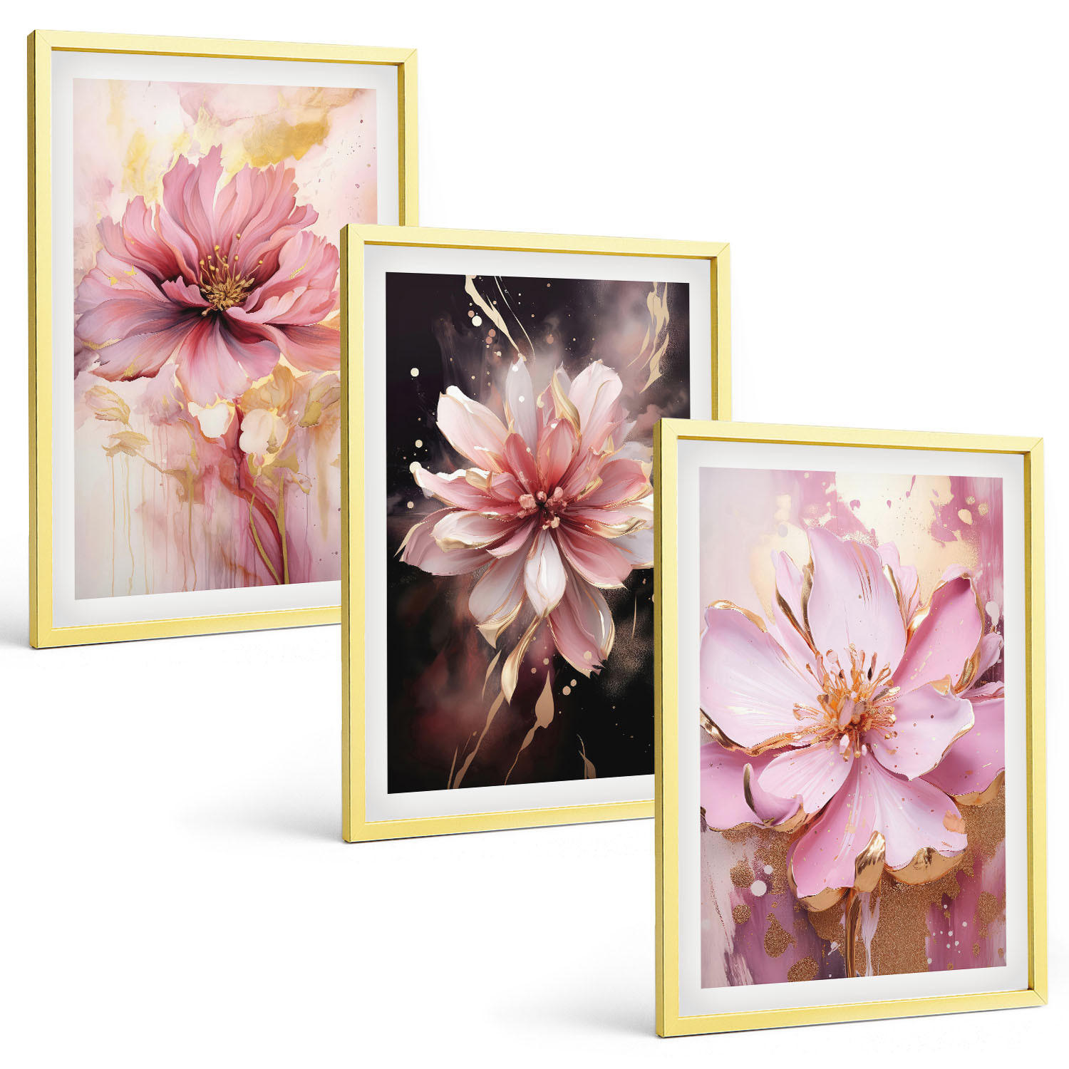 BILDER SET 3er Set - 40x60 cm Goldrahmen - Blumenkompositionen aus Rosen und Weiß - Goldfarben, Kunststoff (40/60cm) - TULUP