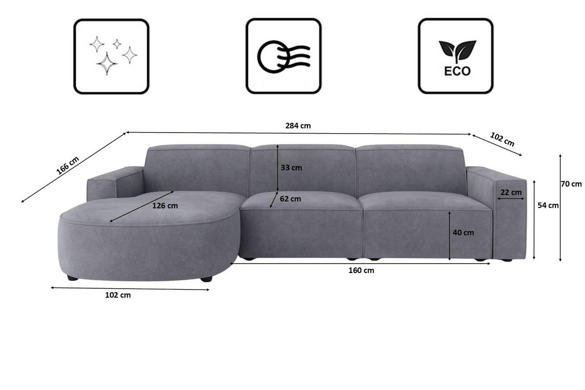 ECKSOFA Cursal Round L-Form, Stoff Salvador, Grau, Links - Grau, Holz (284/166cm) - Kaiser Möbel