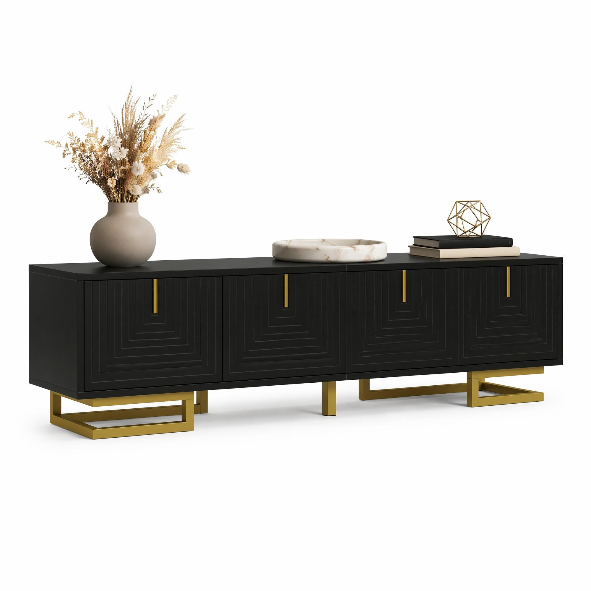 TV-LOWBOARD aus Spanplatte 160x38x44,5 cm Schwarz mit 4 Türen, Stauraum und goldfarbenen Metallfüßen - Schwarz, Holzwerkstoff (160/44.5/38cm) - IVMEU