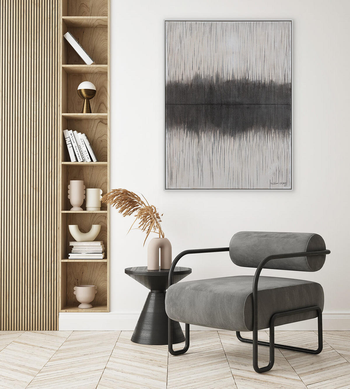 RUČNE MAĽOVANÝ AKRYLOVÝ OBRAZ 75/100 cm, sivý, abstraktný geometrický motív - sivá, textil (75/100cm) - KUNSTLOFT