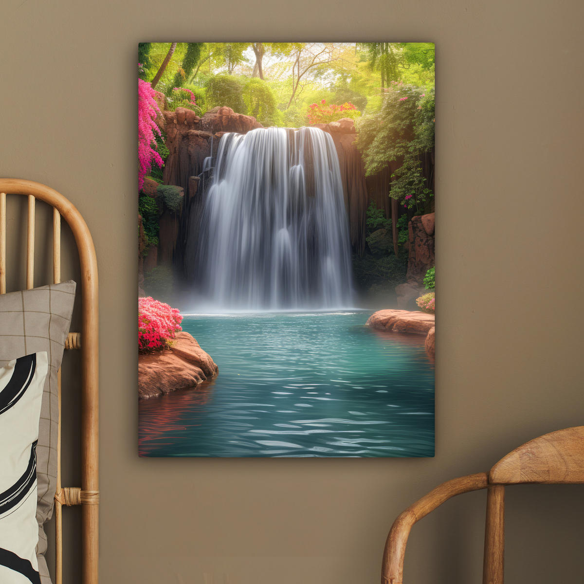 LEINWANDBILD Wasserfall - Natur - Pflanzen - Dschungel - Wasser 60x80 cm - Grün, Textil (60/80cm) - MuchoWow