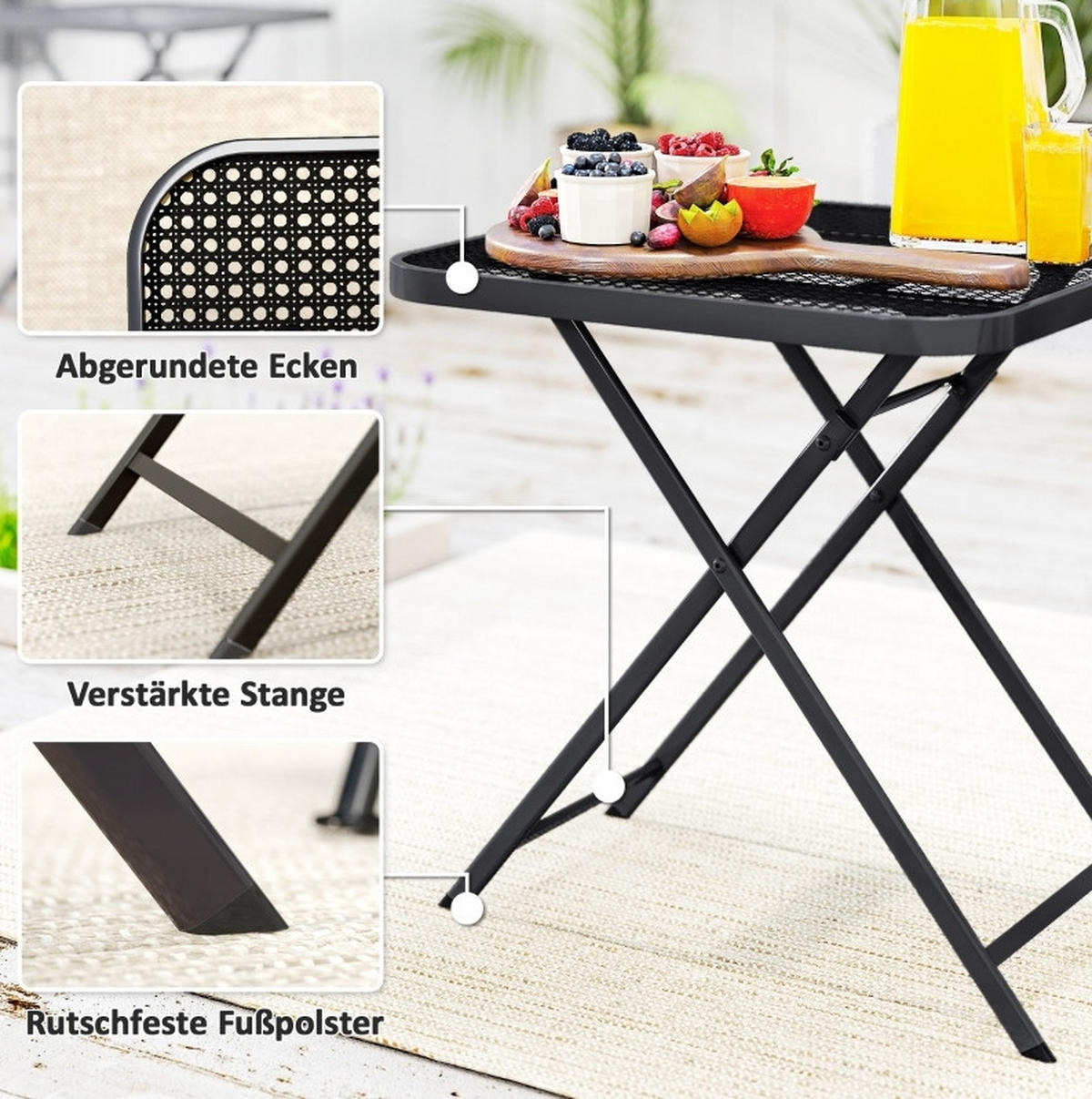 ZAHRADNÍ stůl 70/70 cm černý z oceli skládací s mřížkovým designem - černá, kov (70/70/72cm) - OKWISH
