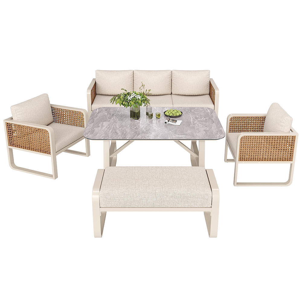 GARTENMÖBELSET für 6-7 Personen,PE-Rattan Sitzgruppe in Beige - Beige, Metall