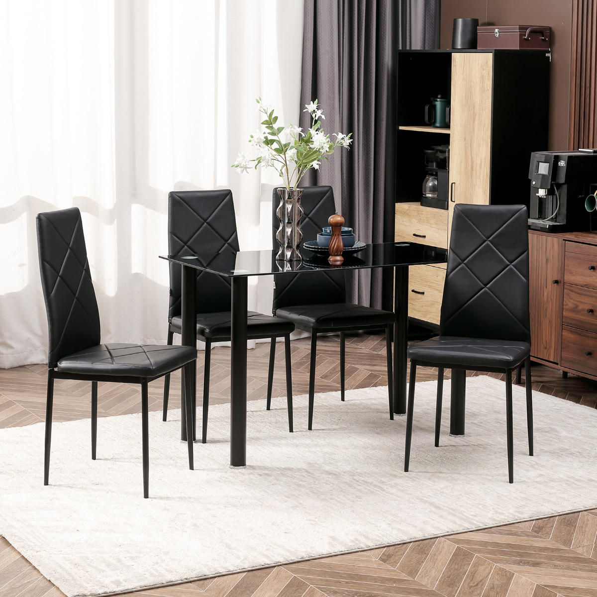 ESSGRUPPE mit 4 Stühlen, Tischplatte aus gehärtetem Glas, Stahlbeine, für Küche oder Wohnzimmer, schwarz - Brombeere, Metall (120/75/60cm)