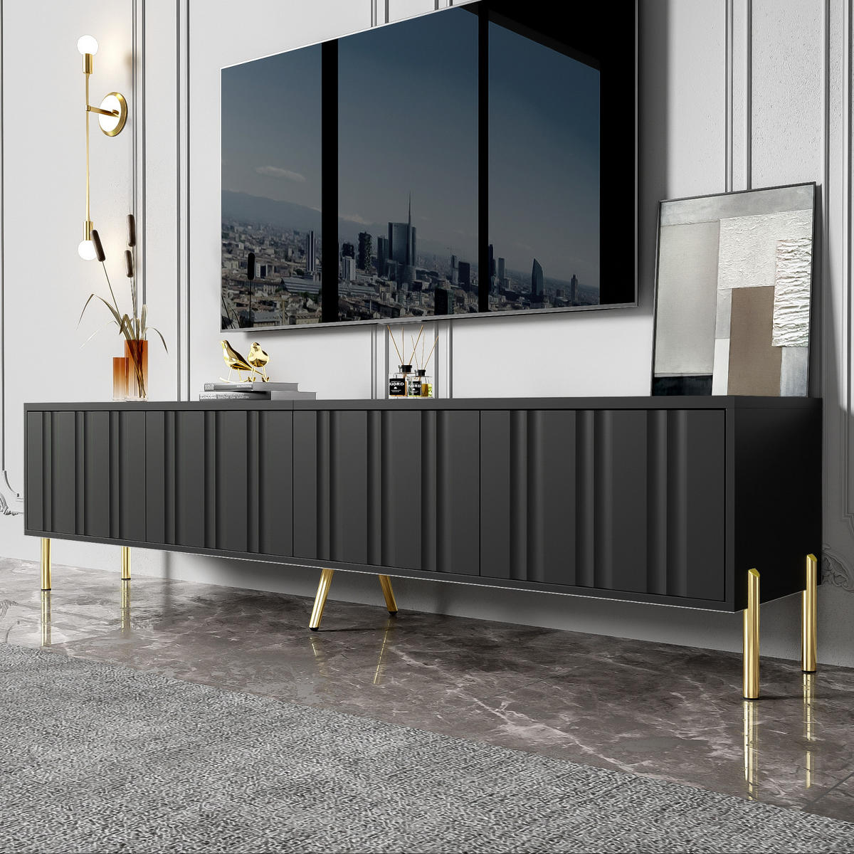 TV Lowboard 190x38x48 cm, goldene Füße, Rillenfront, Schwarz - Schwarz, Holz (190/48/38cm)
