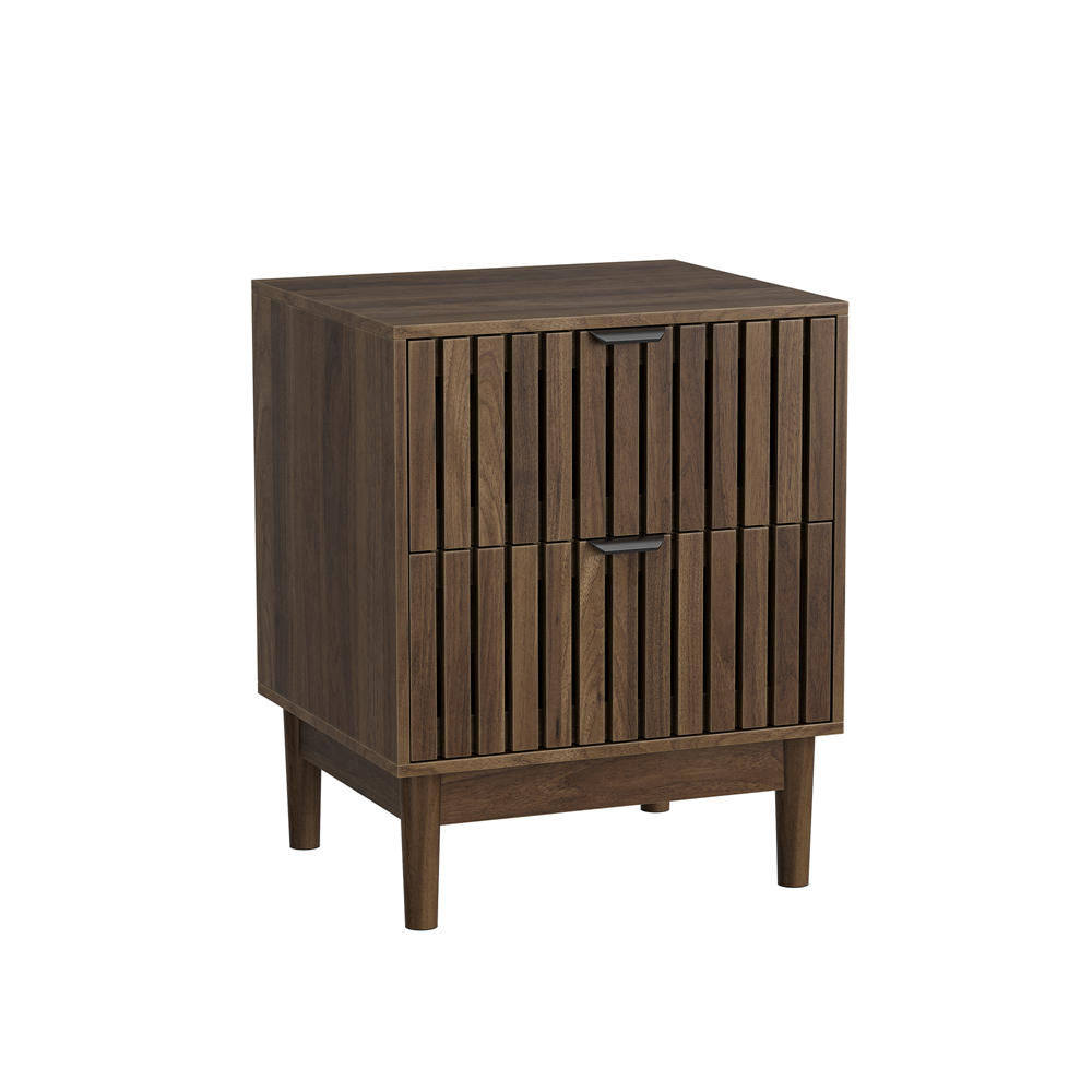 NACHTTISCH mit 2 Schublade - Nachtkommode im Mid-Century Design - Holzbeine und schwarze Griffe - Walnuss - Walnussfarben, Holzwerkstoff (39/56.5/45cm) - DELFA