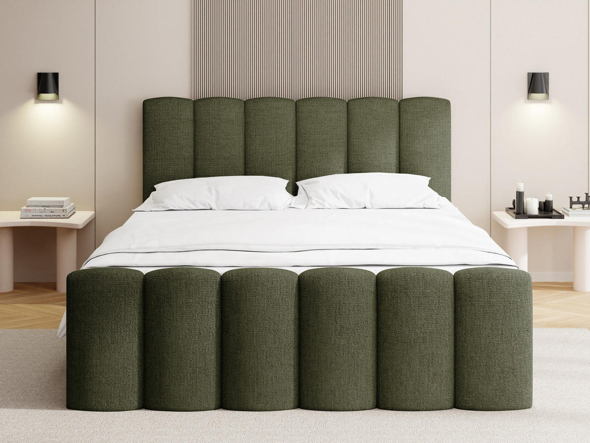BOXBETT Serenity mit Bettkasten, Grün Chenille 160x200 cm – inkl. H4 Taschenfederkern Matratze & Foam Topper - Schwarz/Grün, Holz/Holzwerkstoff (160/200cm) - WFL GROUP