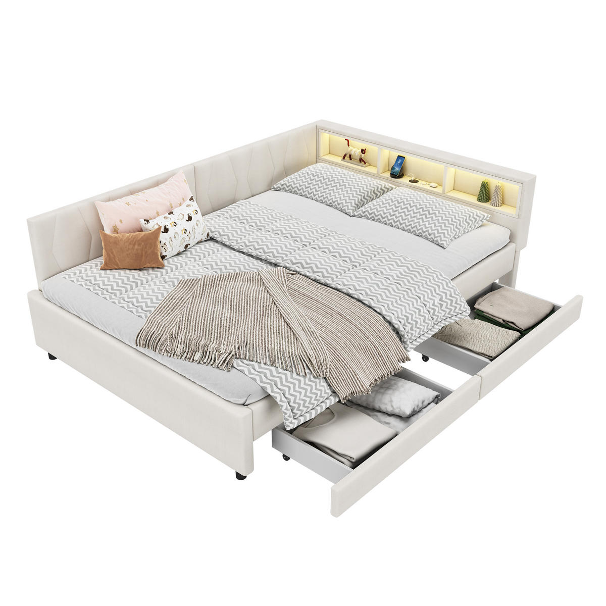 POLSTERBETT 140/200 cm Beige mit LED-Beleuchtung und Stauraum aus Leinen - Beige, Textil (140/200cm) - OKWISH