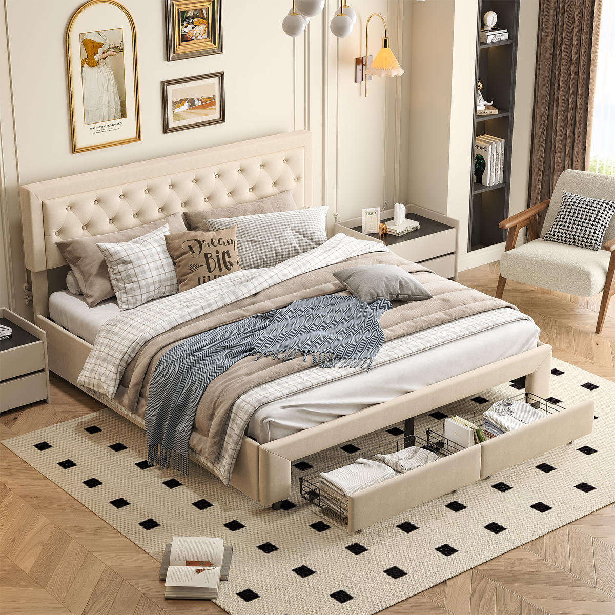 POLSTERBETT 180x200 cm Schubladen Samt Doppelbett Beige - Beige, Holz (180/200cm) - PARAFTA HOME