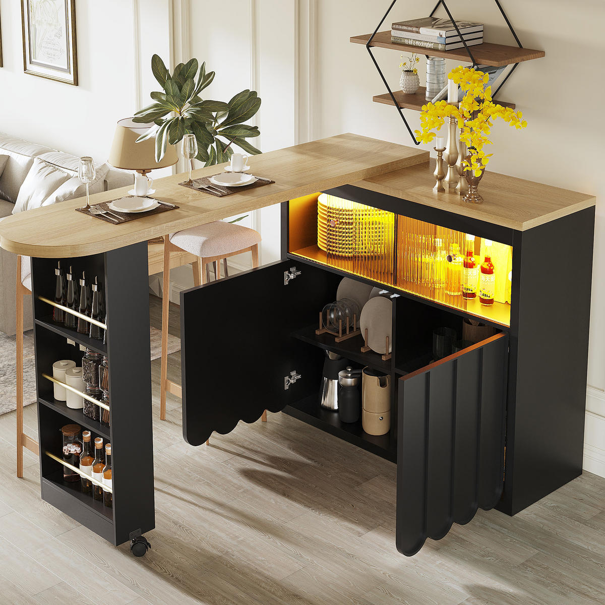 BARTISCH Ausziehbar 135-205cm LED Stauraum Schwarz - Schwarz, Glas (39/135/100cm) - FLIEKS