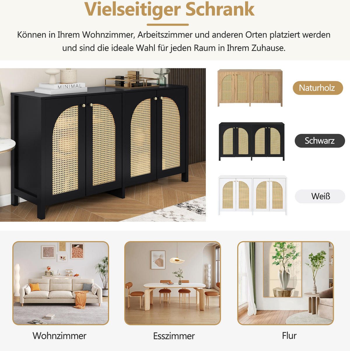 SIDEBOARD 145/80/40 cm Schwarz aus MDF mit 4 Rattantüren - Schwarz, Holzwerkstoff (80/40/145cm) - OKMYHOME