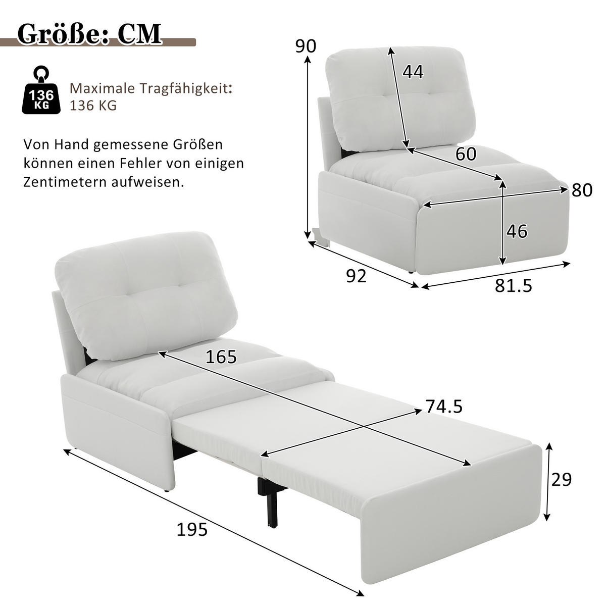 SCHLAFSOFA 92/81.5/90 cm Weiß mit Aufbewahrungstasche - Weiß, Textil (81.5/90/195cm) - Oxeza