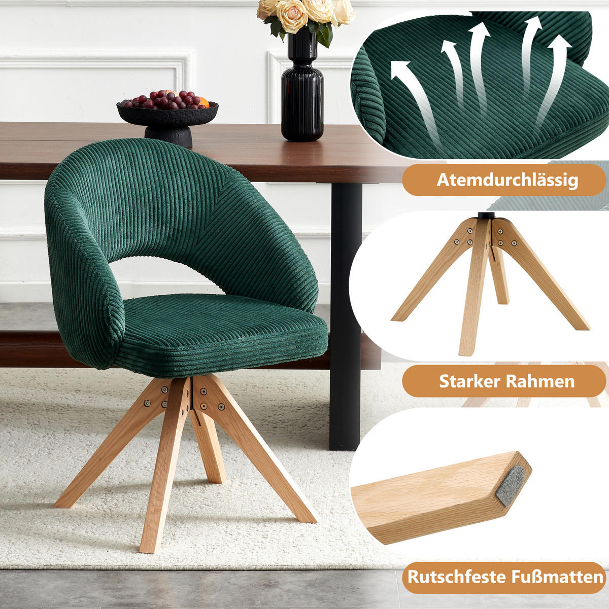 STUHL 2er-Set drehbar Samt Dunkelgrün Massivholz - Dunkelgrün, Holz (49/84/46cm) - Meubliv