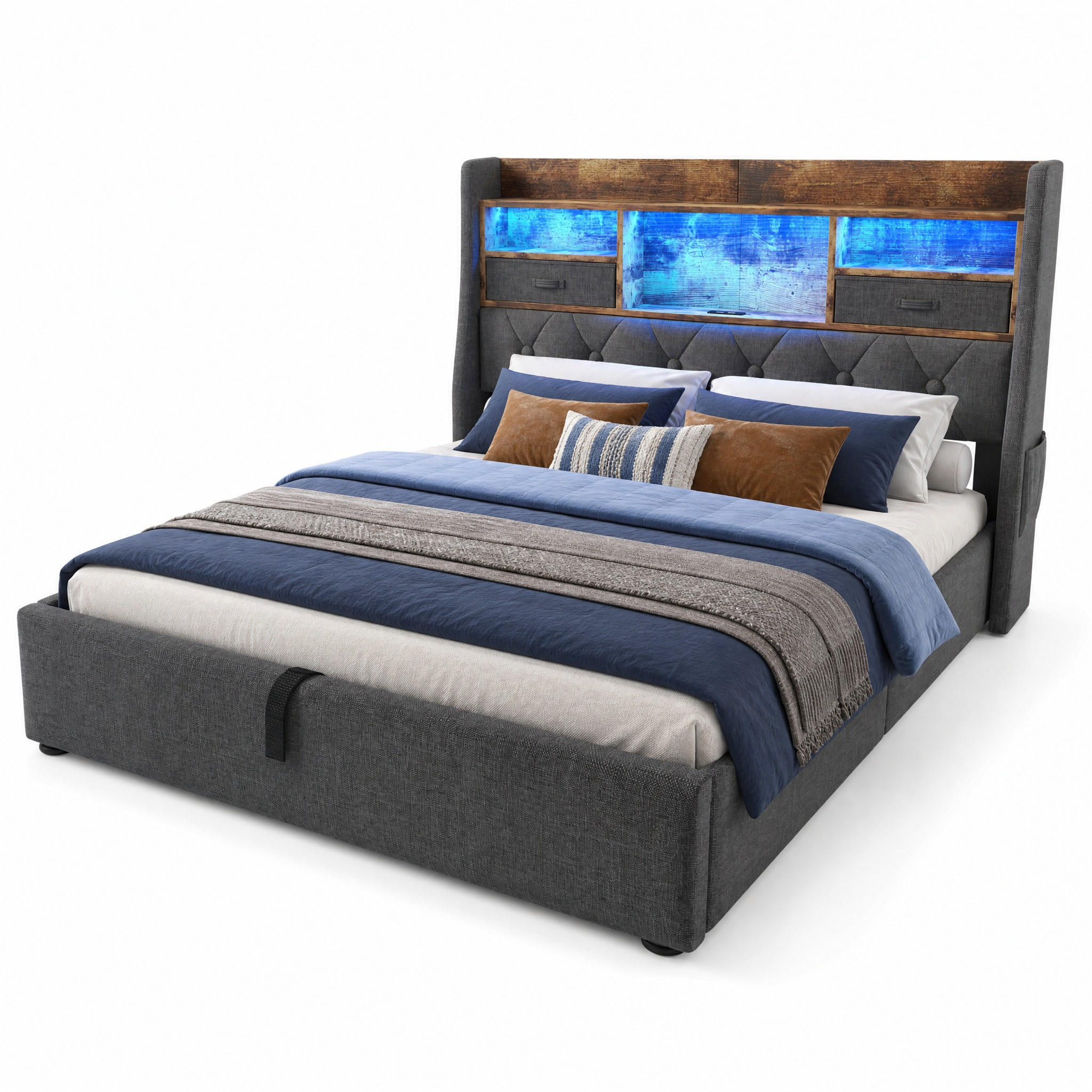 POLSTERBETT 140/200 cm in Grau Leinen mit Bettkasten, LED, USB und Regal - Grau, Holzwerkstoff/Textil (140/200cm) - STILVORA