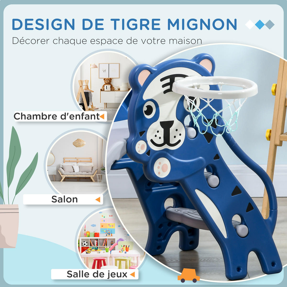 KINDERRUTSCHE DE-17970 3-in-1 mit Basketballkorb & Tigermotiv Blau - Blau, Kunststoff (60/70/133cm) - ComfortXL