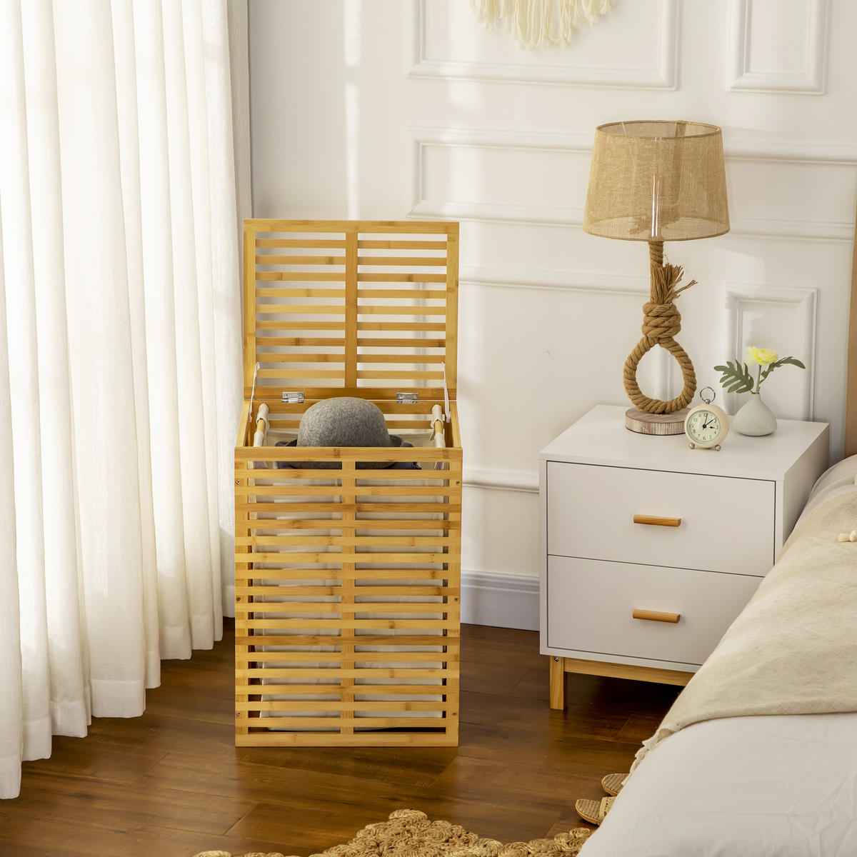 WÄSCHEKORB aus Bambus mit 63 L Wäschesammler, Naturholz - Naturfarben, Holzwerkstoff (44/62.5/37cm) - HOMCOM